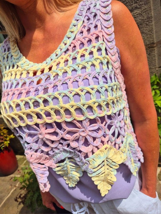 Rebellion Tops - Rebellion Pastel Crochet Knit Vest Tank Top Medium Boho Festival